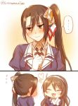  2girls 2koma ^_^ ^o^ ashigara_(kantai_collection) black_hair blush brown_eyes brown_hair closed_eyes closed_mouth comic embarrassed flying_sweatdrops gloves hairband heart kantai_collection long_hair mika_(1020mk) multiple_girls nachi_(kantai_collection) ponytail remodel_(kantai_collection) side_ponytail sweatdrop twitter_username uniform wavy_hair white_gloves 