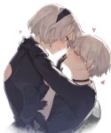  black_dress black_hairband closed_eyes dress hairband hand_on_another&#039;s_mouth heart highres hug looking_at_another nier_(series) nier_automata pullssack sweatdrop yorha_no._2_type_b yorha_no._9_type_s 