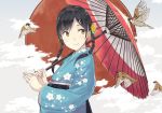  1girl aqua_kimono bird black_hair braid clouds eurasian_tree_sparrow flower hair_flower hair_ornament hiwatari_rin holding holding_umbrella japanese_clothes japanese_flag kimono long_hair long_sleeves looking_back obi oriental_umbrella original print_kimono sash smile solo sparrow twin_braids umbrella upper_body wide_sleeves yellow_eyes yellow_flower 