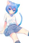  1girl animal_ears arm_support bangs black_legwear blue_eyes blue_hair blue_skirt blush bow bowtie cat_ears cat_girl cat_tail collared_shirt commentary_request eyebrows_visible_through_hair hair_between_eyes head_tilt kneehighs looking_at_viewer onka original parted_lips pleated_skirt purple_neckwear shirt short_hair short_sleeves simple_background sitting skirt solo tail usashiro_mani white_background white_shirt 