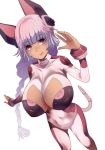 1girl :p animal_ears bangs blunt_bangs bodysuit braid breasts cleavage cleavage_cutout covered_navel dark_skin foreshortening from_above large_breasts long_hair purple_hair sigetch single_braid skin_tight tail tongue tongue_out very_long_hair 