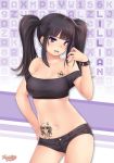  1girl bangs bare_shoulders black_hair breasts cleavage commentary denim denim_shorts gothic huniepop_2 kopianget lillian_aurawell long_hair looking_at_viewer medium_breasts midriff navel parted_lips shorts solo standing tattoo twintails violet_eyes 