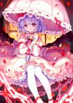  1girl blue_hair chains choker closed_mouth clouds hat hat_ribbon highres holding holding_umbrella indoors juliet_sleeves long_sleeves looking_at_viewer mirror_(xilu4) mob_cap pantyhose parasol petals pink_skirt puffy_sleeves red_eyes red_footwear red_ribbon remilia_scarlet ribbon ribbon_trim rose_petals shoes sitting skirt skirt_set smile solo touhou umbrella white_legwear window wrist_cuffs 