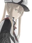  1girl anchor blonde_hair breasts capelet celtic_knot closed_mouth epitaph_(1122) eyebrows_visible_through_hair graf_zeppelin_(kantai_collection) grey_eyes hair_between_eyes hair_over_shoulder hat highres iron_cross kantai_collection looking_at_viewer military military_hat necktie peaked_cap shaded_face sidelocks simple_background solo twintails upper_body white_background 