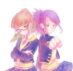  2girls bangs blunt_bangs brown_eyes brown_hair clenched_hand crossed_arms long_sleeves looking_at_viewer minami_mirei multiple_girls noromame outstretched_arm pleated_skirt ponytail pripara purple_hair red_neckwear school_uniform simple_background skirt smile toudou_shion white_background 