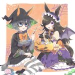 293mof 2girls animal_ears black_gloves black_hair black_headwear black_robe black_skirt blue_eyes bow bowtie braid braided_ponytail brooch brown_hair candy fang food glass glasses gloves grey_hair grey_shirt hair_over_one_eye halloween halloween_bucket hat highres holding holding_wand horse_ears jewelry kneeling long_hair looking_at_another low_ponytail magic multiple_girls open_mouth puffy_short_sleeves puffy_sleeves purple_eyes rice_shower_(make_up_vampire!)_(umamusume) rice_shower_(umamusume) robe shirt short_sleeves silk sitting skirt smile spider_web striped striped_legwear striped_thighhighs thigh-highs umamusume violet_eyes wand witch_hat zenno_rob_roy_(magically_gifted_hero)_(umamusume) zenno_rob_roy_(umamusume)