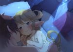  1boy 1girl blonde_hair blue_eyes blush brown_hair charlotta_(granblue_fantasy) closed_mouth commentary_request dutch_angle ear_blush eye_contact gran_(granblue_fantasy) granblue_fantasy hand_holding harbin highres long_hair looking_at_another lying night nude on_side pillow pointy_ears smile walkalone 