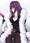  1girl belt breasts cloak cosplay fate/grand_order fate_(series) fur_trim hand_on_hip highres ishikane_aoi jaguarman_(fate/grand_order) jaguarman_(fate/grand_order)_(cosplay) large_breasts long_hair looking_at_viewer purple_hair red_eyes scathach_(fate/grand_order) 