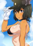  1girl :o adjusting_clothes adjusting_hat akitsu_maru_(kantai_collection) animal_ears arched_back bangs bare_arms bare_shoulders bikini bikini_top black_bikini black_bikini_top black_eyes black_hair black_hat blue_sky blush breasts clouds day dripping erect_nipples eyebrows_visible_through_hair face gloves hand_on_headwear hat kani_club kantai_collection large_breasts looking_at_viewer looking_to_the_side military_hat one-piece_tan open_mouth peaked_cap short_hair sky solo strap_gap sweat swimsuit tan tanline upper_body white_gloves wolf_ears 