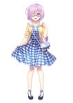  1girl black-framed_eyewear capura_lin dress fate/grand_order fate_(series) full_body hair_over_one_eye lavender_hair looking_at_viewer open_mouth shielder_(fate/grand_order) short_hair simple_background solo standing violet_eyes white_background 
