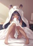  1girl barefoot blush fate/grand_order fate_(series) feet nitocris_(fate/grand_order) nitocris_(swimsuit_assassin)_(fate) nose_blush ouka_(ra-raradan) purple_skin solo tan thighs toes 