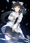  1girl azur_lane bangs black_hair black_legwear bow breasts brown_eyes commentary_request gloves hair_bow katana large_breasts long_hair looking_at_viewer military military_uniform pantyhose ponytail slee solo sword takao_(azur_lane) thigh-highs uniform very_long_hair weapon white_gloves 
