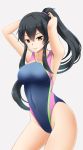  1girl black_hair brown_eyes competition_swimsuit cowboy_shot fuuma_nagi grey_background grey_swimsuit highleg highleg_swimsuit kantai_collection long_hair one-piece_swimsuit ponytail scrunchie sidelocks solo swimsuit yahagi_(kantai_collection) 