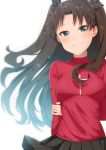  1girl absurdres black_hair black_skirt blue_eyes fate/stay_night fate_(series) hair_ribbon highres long_hair makurappoi pleated_skirt ribbon skirt solo sweater tohsaka_rin turtleneck two_side_up 