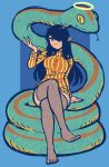  akairiot black_hair breasts fishnet_legwear fishnet_pantyhose fishnets full_body hair_over_one_eye halo highres large_breasts legs_crossed long_hair original pointy_ears ribbed_sweater snake sweater thigh-highs toes turtleneck 