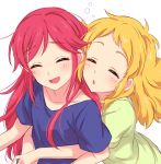  2girls :d aikatsu! bangs blonde_hair blue_shirt blush closed_eyes facing_viewer green_shirt highres hug hug_from_behind laughing long_hair multiple_girls open_mouth otoshiro_seira parted_lips pink_hair saegusa_kii sekina shirt short_sleeves simple_background smile white_background 