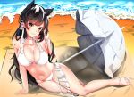  1girl animal_ears atago_(azur_lane) azur_lane bikini black_hair breasts brown_eyes cleavage highres large_breasts long_hair looking_at_viewer mole mole_under_eye sarong siroimo0828 sitting solo swimsuit umbrella waves white_bikini wolf_ears yokozuwari 