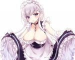  1girl azur_lane bangs belfast_(azur_lane) blue_eyes blush braid breasts chains cleavage collar collarbone commentary_request eyebrows_visible_through_hair gloves kida_mochi large_breasts long_hair looking_at_viewer maid maid_headdress silver_hair smile solo 