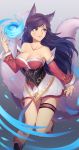  1girl ahri animal_ears bare_shoulders black_hair breasts cleavage collarbone fox_ears fox_girl fox_tail half-closed_eyes hentaki highres korean_clothes large_breasts league_of_legends looking_to_the_side makeup mascara nail_polish off_shoulder one_leg_raised orb parted_lips red_nails slit_pupils solo strapless tail whisker_markings yellow_eyes 