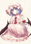  1girl ascot bangs bat_wings blue_hair commentary_request hat hat_ribbon highres holding long_skirt magnifying_glass mob_cap puffy_short_sleeves puffy_sleeves red_eyes red_ribbon remilia_scarlet ribbon sakusyo short_hair short_sleeves simple_background skirt skirt_set solo squatting touhou wings 