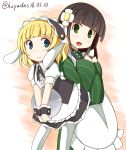  2girls :d ama_usa_an_uniform animal_ears apron back-to-back bangs black_legwear black_skirt blonde_hair blue_eyes blue_hair blunt_bangs blush bolo_tie brown_hair closed_mouth collared_shirt commentary dated eyebrows_visible_through_hair fake_animal_ears flat_chest fleur_de_lapin_uniform floppy_ears flower frilled_apron frilled_cuffs frilled_shirt frilled_skirt frills gochuumon_wa_usagi_desu_ka? green_eyes green_kimono hair_flower hair_ornament hanzaki_hiya highres holding holding_tray japanese_clothes kimono kirima_sharo leaning_forward long_hair long_sleeves looking_at_viewer maid_apron maid_headdress multiple_girls open_mouth polka_dot_trim puffy_short_sleeves puffy_sleeves rabbit_ears shirt short_hair short_sleeves sidelocks skirt smile standing striped striped_kimono tray twitter_username two-tone_background ujimatsu_chiya underbust waist_apron white_apron white_flower white_legwear white_shirt wide_sleeves wing_collar wrist_cuffs 