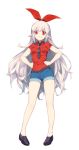  1girl black_footwear blue_shorts breasts dungeon_and_fighter full_body hairband hands_on_hips harafha long_hair medium_breasts necktie pointy_ears red_eyes red_shirt shirt short_shorts shorts silver_hair solo standing very_long_hair white_background 