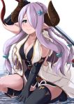  1girl absurdres bad_id bad_pixiv_id belt black_gloves black_legwear blue_eyes blush boots braid breasts cleavage doraf elbow_gloves gloves granblue_fantasy hair_over_one_eye highres horns kanzaki_kureha katana large_breasts long_hair narumeia_(granblue_fantasy) pointy_ears purple_hair single_braid single_thighhigh smile solo sword thigh-highs weapon 