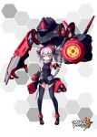  1girl absurdres benghuai_xueyuan black_footwear black_legwear breasts bronya_zaychik copyright_name drill_hair fingerless_gloves full_body gloves halsou hexagon highres honkai_impact mecha pointing pointing_at_viewer red_eyes silver_hair small_breasts solo standing twin_drills 
