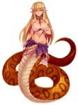  1girl blonde_hair blush bracelet breasts chains choker cleavage earrings highres jewelry kenkou_cross lamia lamia_(monster_girl_encyclopedia) large_breasts long_hair looking_at_viewer midriff monster_girl monster_girl_encyclopedia official_art pointy_ears scales slit_pupils snake solo tail yellow_eyes 