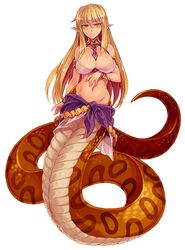  1girl blonde_hair blush bracelet breasts chains choker cleavage earrings highres jewelry kenkou_cross lamia lamia_(monster_girl_encyclopedia) large_breasts long_hair looking_at_viewer midriff monster_girl monster_girl_encyclopedia official_art pointy_ears scales slit_pupils snake solo tail yellow_eyes 