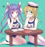  2girls :d bangs bare_arms bare_legs bare_shoulders barefoot blonde_hair blue_eyes blue_hair blue_swimsuit blunt_bangs blush book breasts character_name collarbone dated flower-shaped_pupils glasses green_background hair_ribbon hands_on_own_cheeks hands_on_own_face hat headgear i-19_(kantai_collection) i-8_(kantai_collection) kabocha_torute kantai_collection long_hair medium_breasts mouth_hold multiple_girls open_book open_mouth pencil pink_eyes pink_ribbon pointing red-framed_eyewear ribbon school_swimsuit simple_background sitting smile squiggle star studying swimsuit symbol-shaped_pupils table tareme thigh-highs twitter_username under-rim_eyewear wariza white_hat white_legwear yokozuwari 
