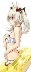  1girl akasaai animal_ears ass bangs bikini bikini_top blue_eyes blush closed_mouth flat_chest frilled_bikini frills from_side hair_ribbon hand_on_own_chest hand_on_own_stomach highres innertube ribbon rose_hair_ornament solo swimsuit twintails white_hair white_skin 