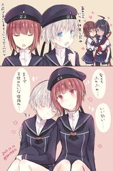  4girls ^_^ ^o^ ahoge black_dress black_hair black_hat black_sailor_collar blonde_hair blue_eyes blue_sailor_collar blue_skirt blush brown_eyes brown_hair closed_eyes clothes_writing dress furutaka_(kantai_collection) hat heart kabocha_torute kako_(kantai_collection) kantai_collection kerchief long_hair long_sleeves multiple_girls open_mouth pleated_skirt sailor_collar sailor_dress school_uniform serafuku short_hair skirt smile translation_request z1_leberecht_maass_(kantai_collection) z3_max_schultz_(kantai_collection) 