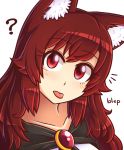  /\/\/\ 1girl :p ? animal_ears bangs blush brooch capelet eyebrows_visible_through_hair gem head_tilt imaizumi_kagerou jewelry long_hair looking_at_viewer red_eyes redhead simple_background solo sound_effects swept_bangs tareme tongue tongue_out touhou upper_body white_background wolf_ears wool_(miwol) 