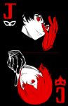  2boys akechi_gorou bangs black_background black_hair card_(medium) commentary cropped_neck gloves grin hair_between_eyes hand_over_eye highres kurusu_akira looking_at_viewer male_focus mask multiple_boys parted_lips persona persona_5 red_eyes redhead simple_background smile symmetry uncle_skellyman upside-down 