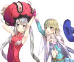  1girl absurdres androgynous aqua_eyes armpits bare_shoulders belt blonde_hair blue_hat blush commentary_request dress fate/grand_order fate_(series) flying_sweatdrops grey_hair hat hat_removed headwear_removed highres large_hat le_chevalier_d&#039;eon_(fate/grand_order) long_hair long_sleeves marie_antoinette_(fate/grand_order) midriff open_mouth ranmaruuuu00 red_hat sleeveless sleeveless_dress sweatdrop twintails upper_body very_long_hair white_background 