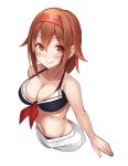  1girl adapted_costume bikini black_bikini blush breasts brown_eyes cleavage collarbone cropped_torso fumikiri hair_between_eyes kantai_collection large_breasts looking_at_viewer navel redhead shiratsuyu_(kantai_collection) short_hair simple_background smile solo swimsuit upper_body white_background white_sarong 