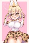  1girl animal_ears bare_shoulders bespectacled blonde_hair bow bowtie breasts elbow_gloves fang glasses gloves heart highres kemono_friends large_breasts looking_at_viewer open_mouth pink_background red-framed_eyewear serval_(kemono_friends) serval_ears serval_print short_hair skirt solo yayoichi_(yoruyoru108) yellow_eyes 