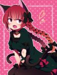  &gt;:o 1girl :o animal_ears bangs between_legs black_bow black_legwear blunt_bangs blush bow braid buckle cat_ears cat_tail collar dress fangs green_dress hair_bow hand_between_legs heart kaenbyou_rin leaning_forward long_hair looking_at_viewer multiple_tails open_mouth outline pantyhose pink_background pink_eyes polka_dot polka_dot_background redhead short_sleeves sitting solo tail tail_bow touhou twin_braids two_tails wariza white_outline you_(noanoamoemoe) 