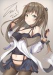  1girl black_skirt blush brown_eyes brown_hair brown_legwear closed_mouth cowboy_shot dated girls_frontline k-2_(girls_frontline) long_hair looking_at_viewer pantyhose showgirl_skirt signature skirt solo standing unel1211 