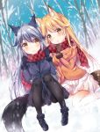  2girls :o animal_ears black_legwear blonde_hair blue_gloves blue_jacket blue_sky blurry blurry_background blush breasts brown_gloves closed_mouth commentary_request depth_of_field dutch_angle eyebrows_visible_through_hair ezo_red_fox_(kemono_friends) forest fox_ears fox_tail fur_trim gloves grey_hair hair_between_eyes jacket kemono_friends large_breasts long_hair long_sleeves looking_at_another looking_at_viewer multiple_girls murasakigo nature orange_jacket pantyhose parted_lips pleated_skirt silver_fox_(kemono_friends) silver_hair sitting skirt sky smile snow snowing tail tree white_skirt yellow_eyes 