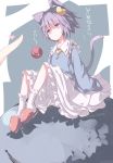  1girl animal_ears blue_shirt bobby_socks cat_ears cat_tail frilled_shirt_collar frills gavrof heart highres komeiji_satori pink_eyes purple_hair shirt short_hair sleeves_past_wrists slippers socks solo_focus tail touhou translation_request twitter_username white_legwear wide_sleeves 