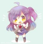  1girl ahoge black_skirt blouse blue_background chibi full_body gloves hagikaze_(kantai_collection) kantai_collection kouu_hiyoyo long_hair neck_ribbon one_side_up open_mouth pleated_skirt purple_hair red_ribbon ribbon simple_background skirt smile solo standing vest white_gloves yellow_eyes 