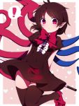  ! 1girl arms_up asymmetrical_wings behind_back black_dress black_hair black_legwear blush bow bowtie closed_mouth covered_navel dress frills heart holding houjuu_nue leg_up looking_at_viewer pink_background pointy_ears red_bow red_eyes red_footwear red_neckwear shoes short_hair short_sleeves solo speed_lines spoken_exclamation_mark standing standing_on_one_leg thigh-highs touhou wings you_(noanoamoemoe) zettai_ryouiki 