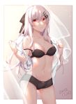  1girl albino arms_up artist_request bangs bare_shoulders black_bra black_panties black_ribbon blush bra breasts closed_mouth collarbone cowboy_shot dated expressionless eyebrows_visible_through_hair eyes_visible_through_hair girls_frontline gleam gluteal_fold hair_between_eyes hair_ornament hair_ribbon hairclip head_tilt highres holding_shirt iws-2000_(girls_frontline) light_particles long-hair long_hair looking_at_viewer medium_breasts navel panties red_eyes ribbon see-through shading shirt sidelocks simple_background solo standing stomach thighs underwear undressing white_hair white_shirt 