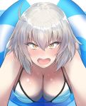  14sai_bishoujo_(shoutarou) 1girl bangs bikini blush breasts cleavage d:&lt; day eyebrows_visible_through_hair fate/grand_order fate_(series) grey_hair hair_between_eyes innertube jeanne_alter large_breasts looking_at_viewer nose_blush ocean open_mouth outdoors ruler_(fate/apocrypha) sidelocks solo swimsuit teeth white_bikini yellow_eyes 