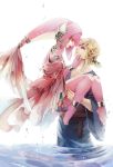  1boy 1girl blonde_hair blue_eyes blush breasts fins fish_girl hair_ornament highres jewelry kandori_makoto link long_hair mipha monster_girl multicolored multicolored_skin no_eyebrows red_skin redhead smile the_legend_of_zelda the_legend_of_zelda:_breath_of_the_wild water yellow_eyes zora 