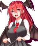  1girl :d bat_wings black_dress blush breasts collared_shirt colored_eyelashes commentary_request dress dress_lift eyebrows_visible_through_hair eyelashes hair_between_eyes head_wings impossible_clothes impossible_dress koakuma kuzya large_breasts long_hair long_sleeves looking_at_viewer low_wings open_mouth red_eyes red_neckwear redhead round_teeth shadow shirt simple_background smile solo teeth tongue touhou white_background white_shirt wings 