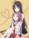  2girls :d black_hair brown_eyes dated hachimaki headband heart high_ponytail japanese_clothes kabocha_torute kantai_collection kimono light_brown_hair long_hair low-tied_long_hair multiple_girls open_mouth red_shorts shorts shouhou_(kantai_collection) smile twitter_username very_long_hair white_kimono wide_sleeves zuihou_(kantai_collection) 