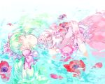  1girl closed_eyes dress falulu flower flower_request green_hair hands_on_own_stomach jewelry necklace noromame partially_submerged pearl_necklace pink_dress pripara solo tiara water 